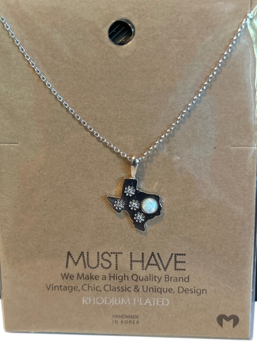 Mini State of Texas Silver Pendant Necklace - White Stone. 16” Chain  NWT